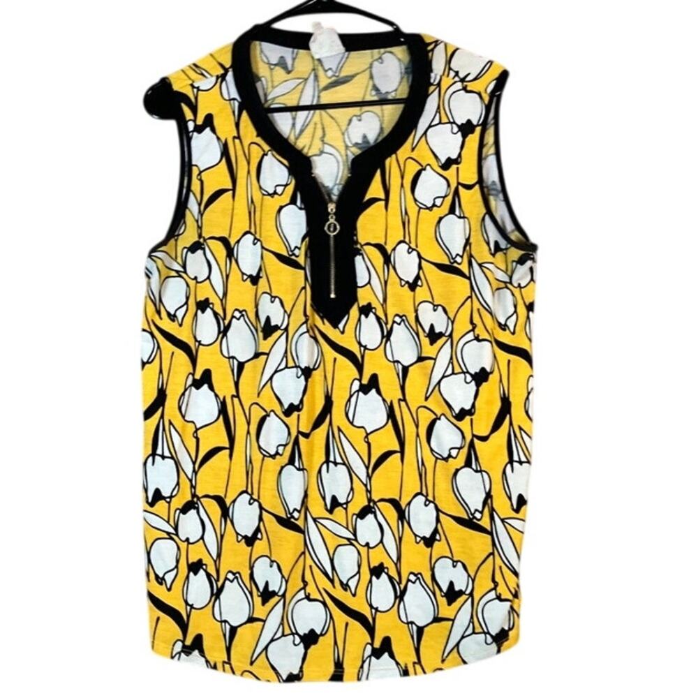 Naif Womens Blouse Yellow Black White Floral Sleeveless Quarter Zip Stretch XL